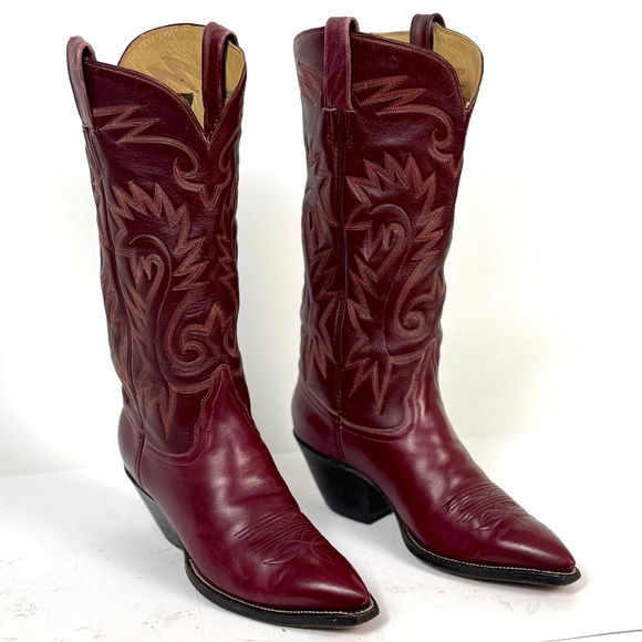 Handmade Austin-Hall Cowboy Boots - Wmns Sz 9B - Burgundy 14" Tall Pointy Toe - Picture 3 of 16